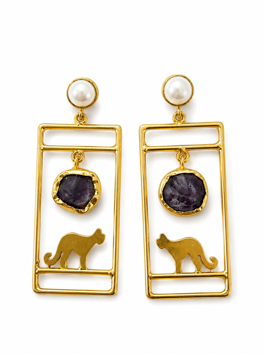 Cat Charm Statement Earrings – Pearl & Natural Stone