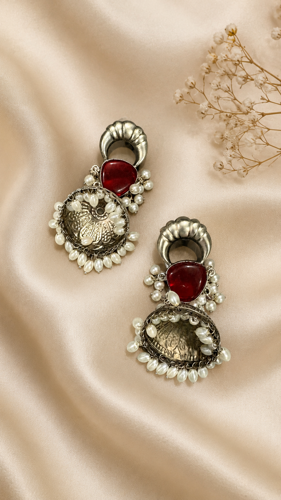 Silver replica red stone jhumka