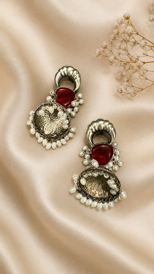 Silver replica red stone jhumka