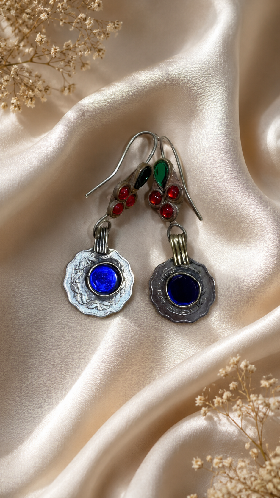 Vintage Coin & Blue green Stone Statement Earrings | Handcrafted Oxidised Earrings