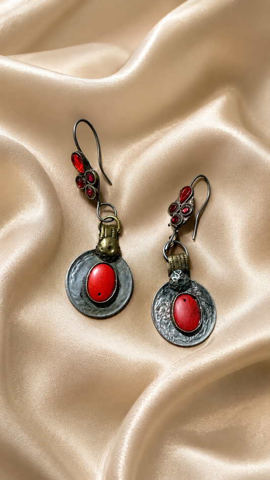 Ruby Coin Oxidised Drop Earrings