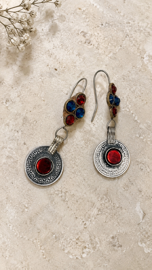 Vintage Tribal Coin Drop Earrings with Red & Blue Stones