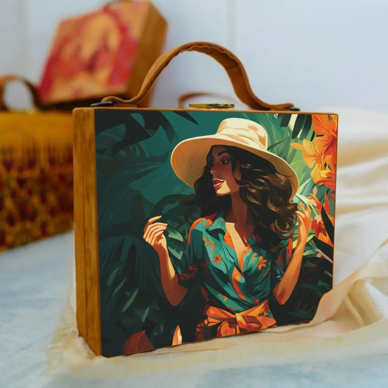 Printed Suitcase Bag – Designer Lock, Tan Suede & Satin Finish