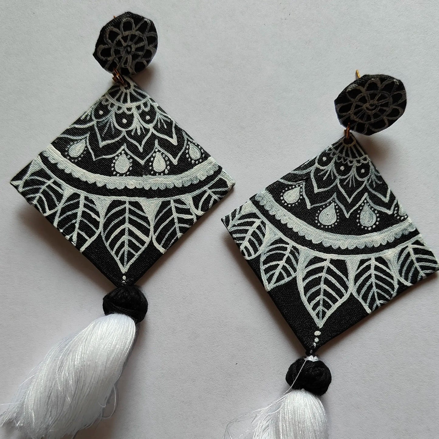Handcrafted Diamond Tassel Earrings – Acrylic Painted Design