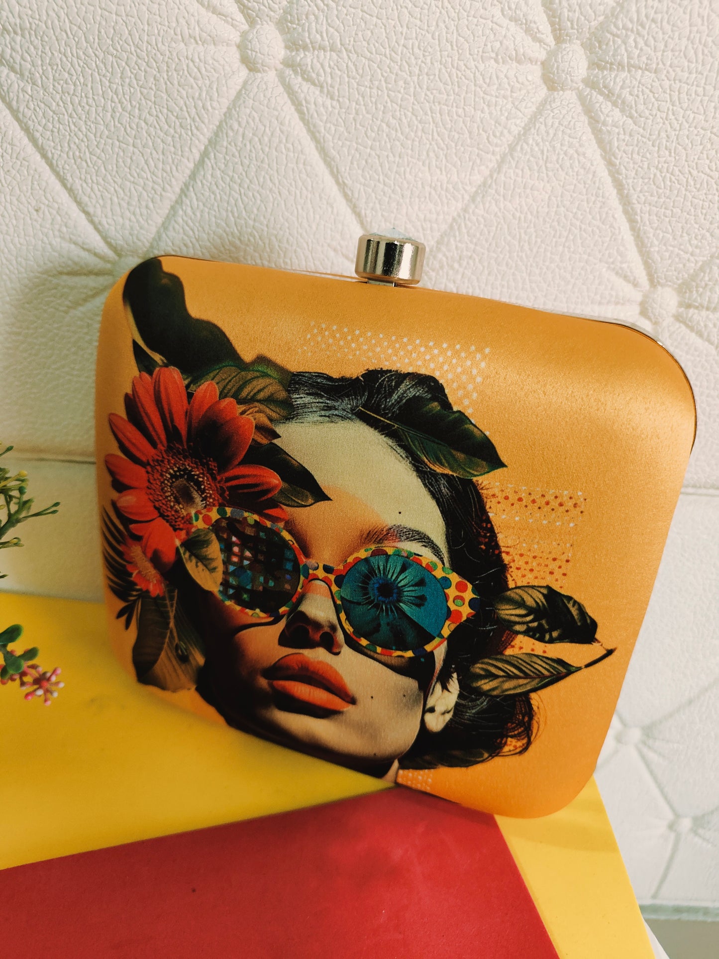 Digital print satin fabric clutch bsg