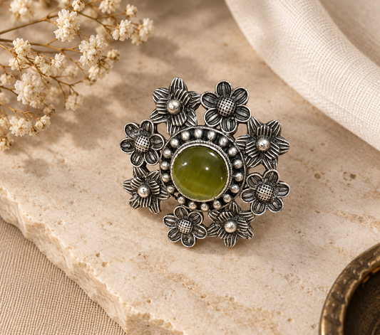 Green stone oxidised adjustable ring