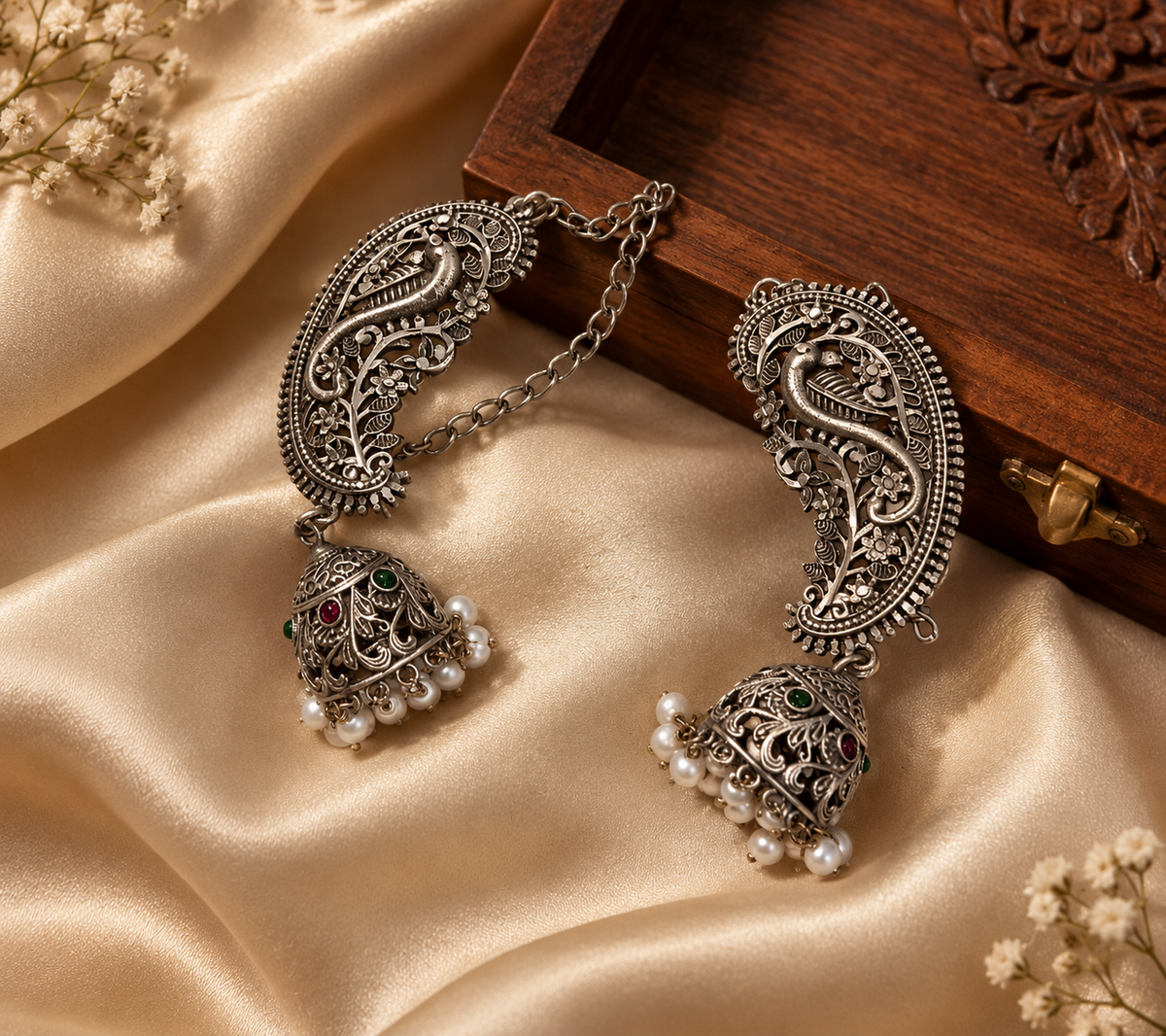 Peacock Paisley Oxidised Jhumka Earrings