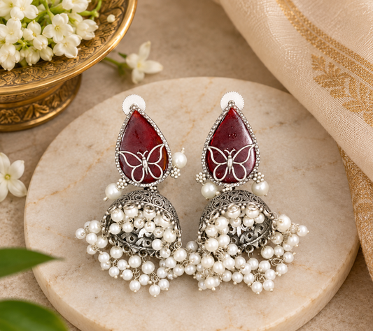 Red stone pearl jhumka earring