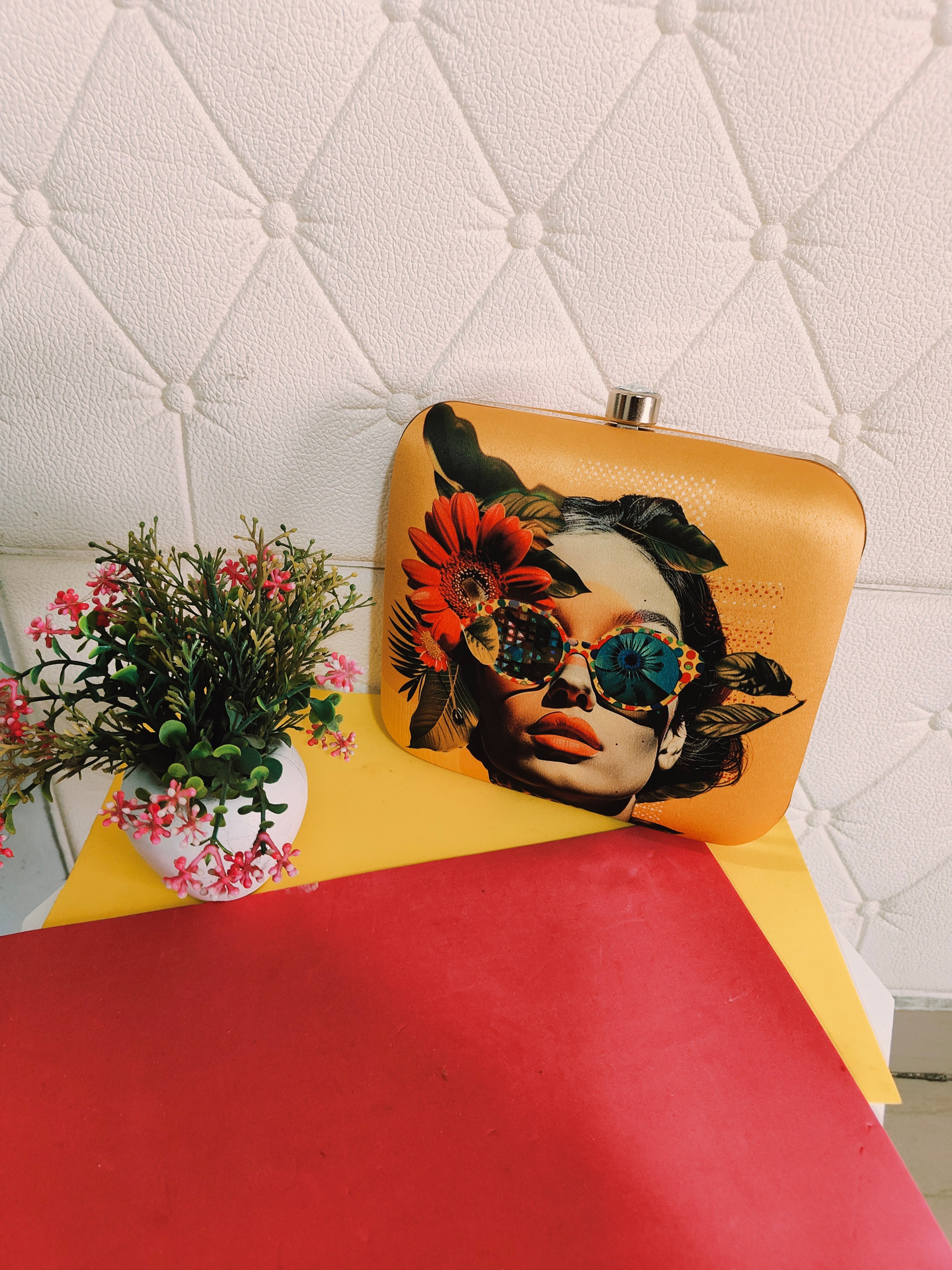 Digital print satin fabric clutch bsg