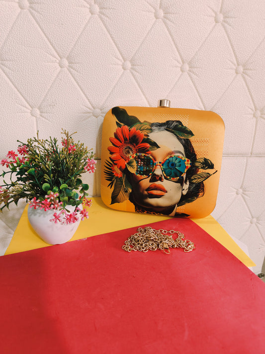 Digital print satin fabric clutch bsg