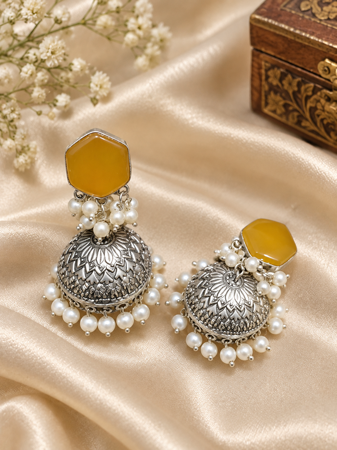 Amber Pearl Jhumka Earrings