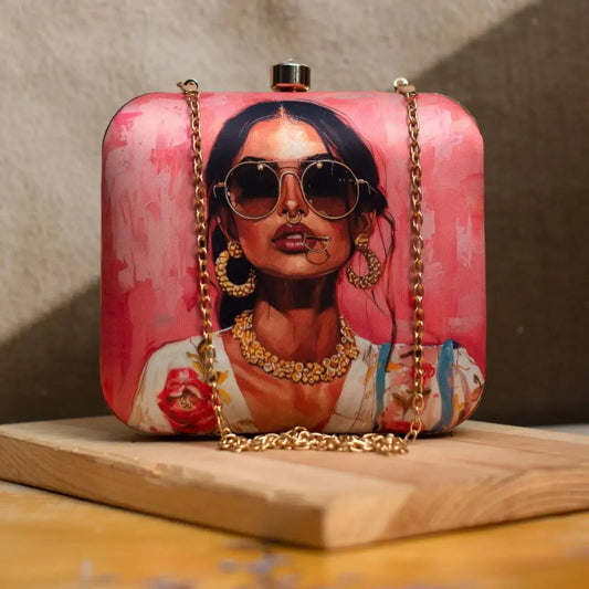 Kala Chashma Art Printed Square Clutch Bag with Sling Chain
