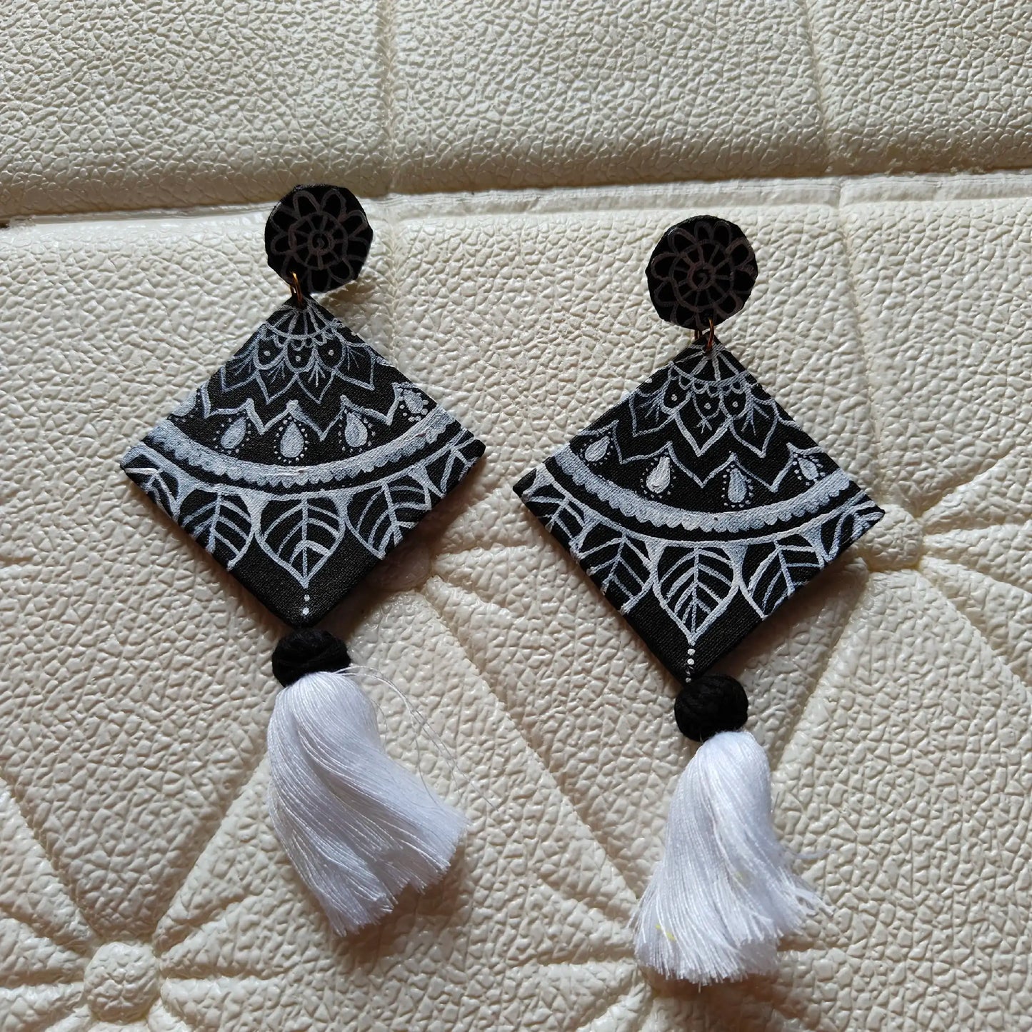 Handcrafted Diamond Tassel Earrings – Acrylic Painted Design