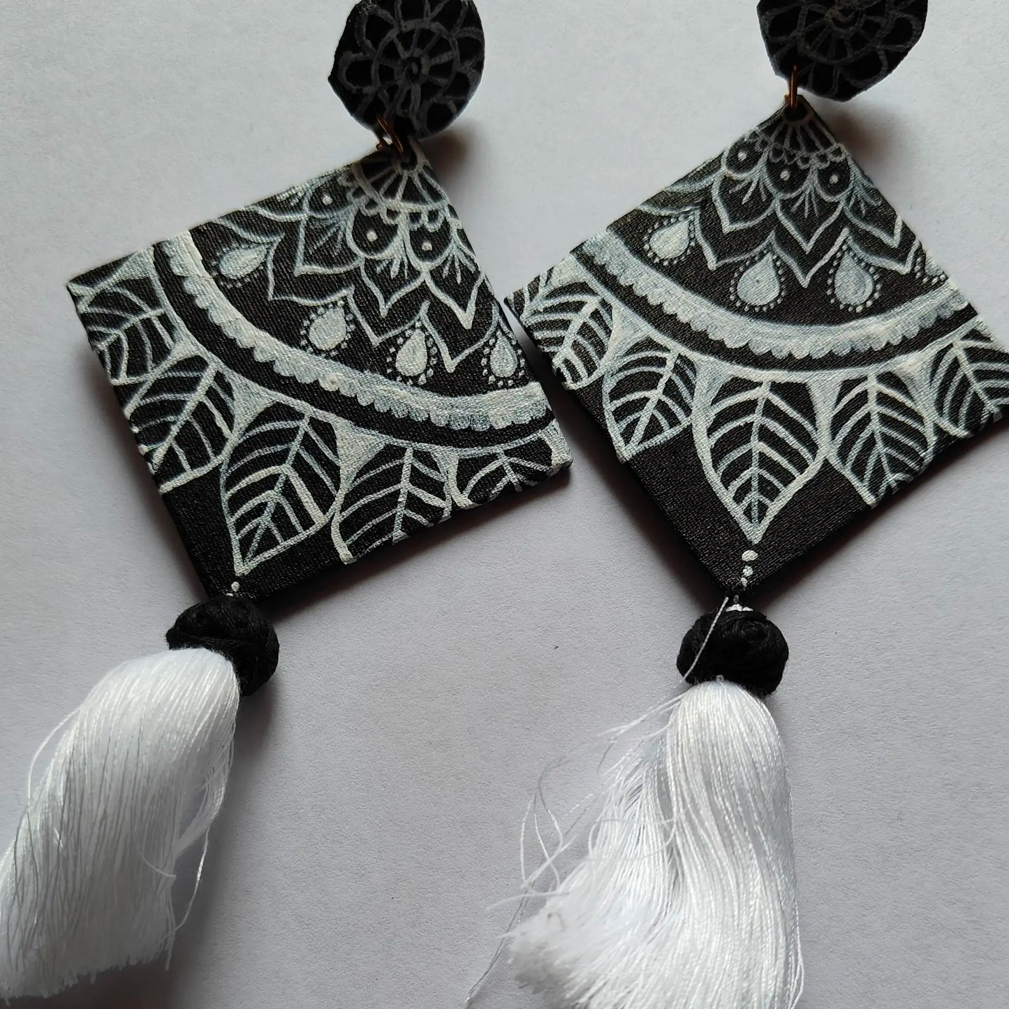Handcrafted Diamond Tassel Earrings – Acrylic Painted Design
