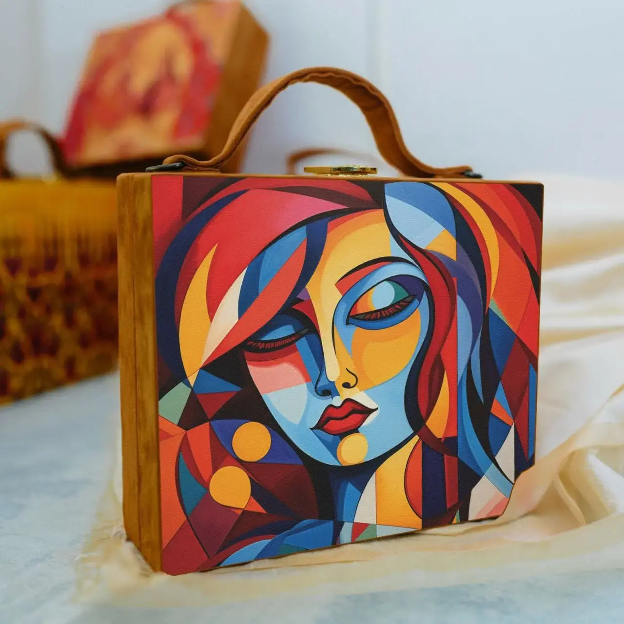 Printed Suitcase Bag – Designer Lock, Tan Suede & Satin Finish